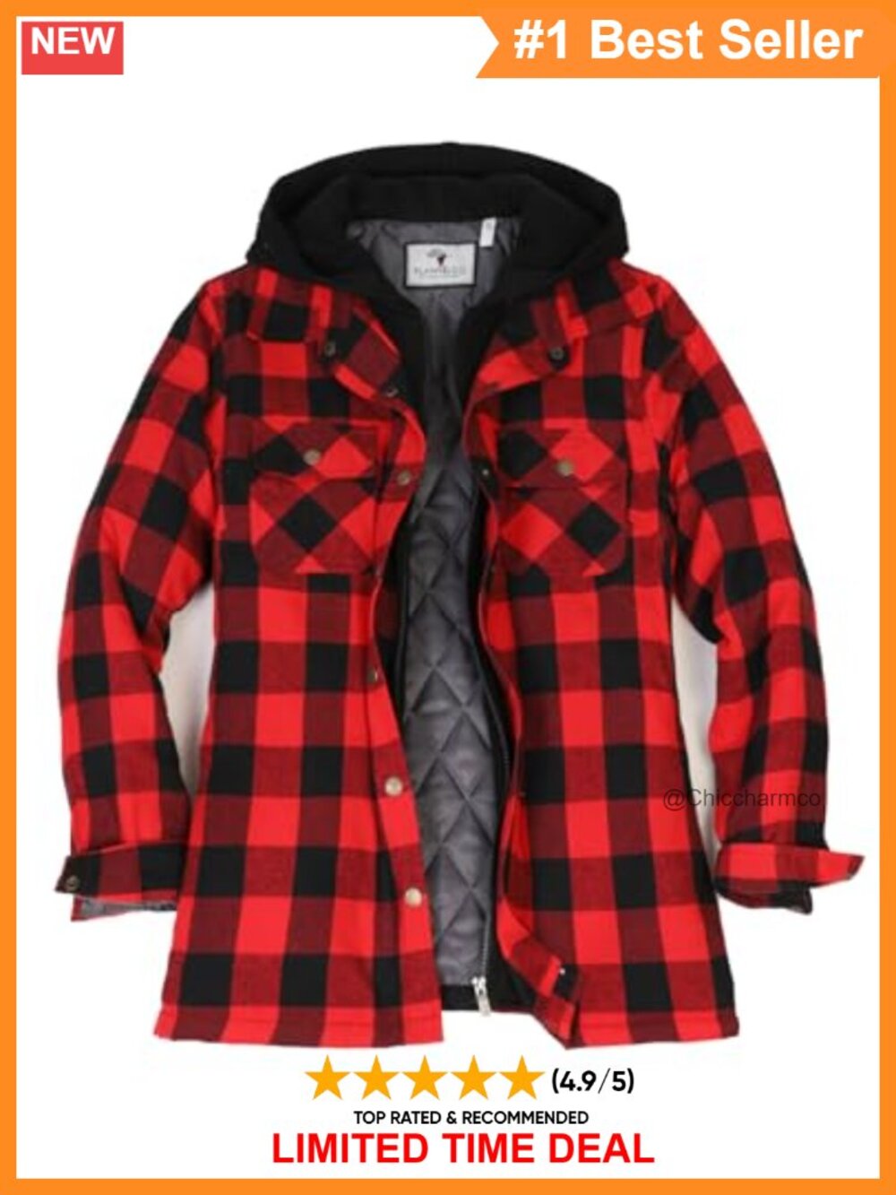 Quilted Lined Flannel Shacket Jacket Hood Multi-Pocket Cotton Blend